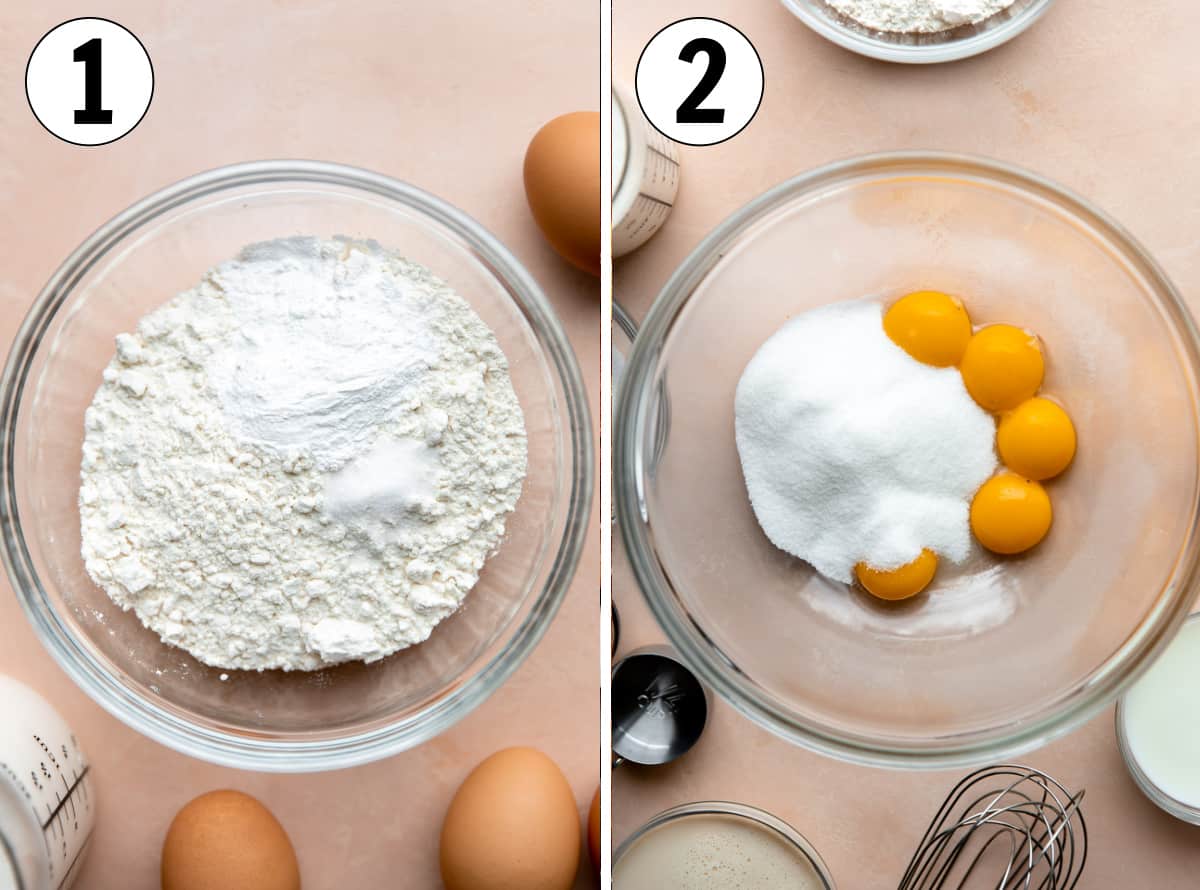 How to make tres leches, dry ingredients, and sugar being mixed with egg yolks.