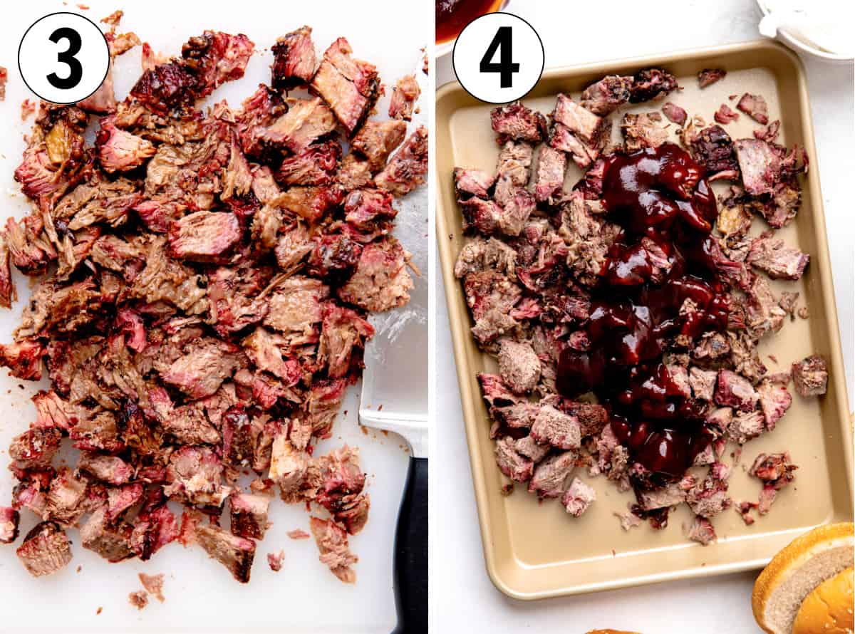 How to make Chopped beef sandwiches, chopping smoked beef and coating with bbq sauce. 