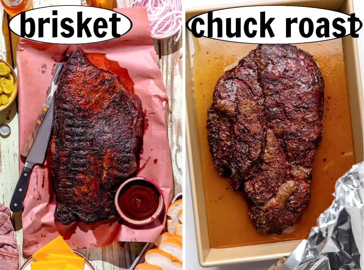 Smoked brisket and chuck roast which can be used to make chopped bbq beef sandwiches. 