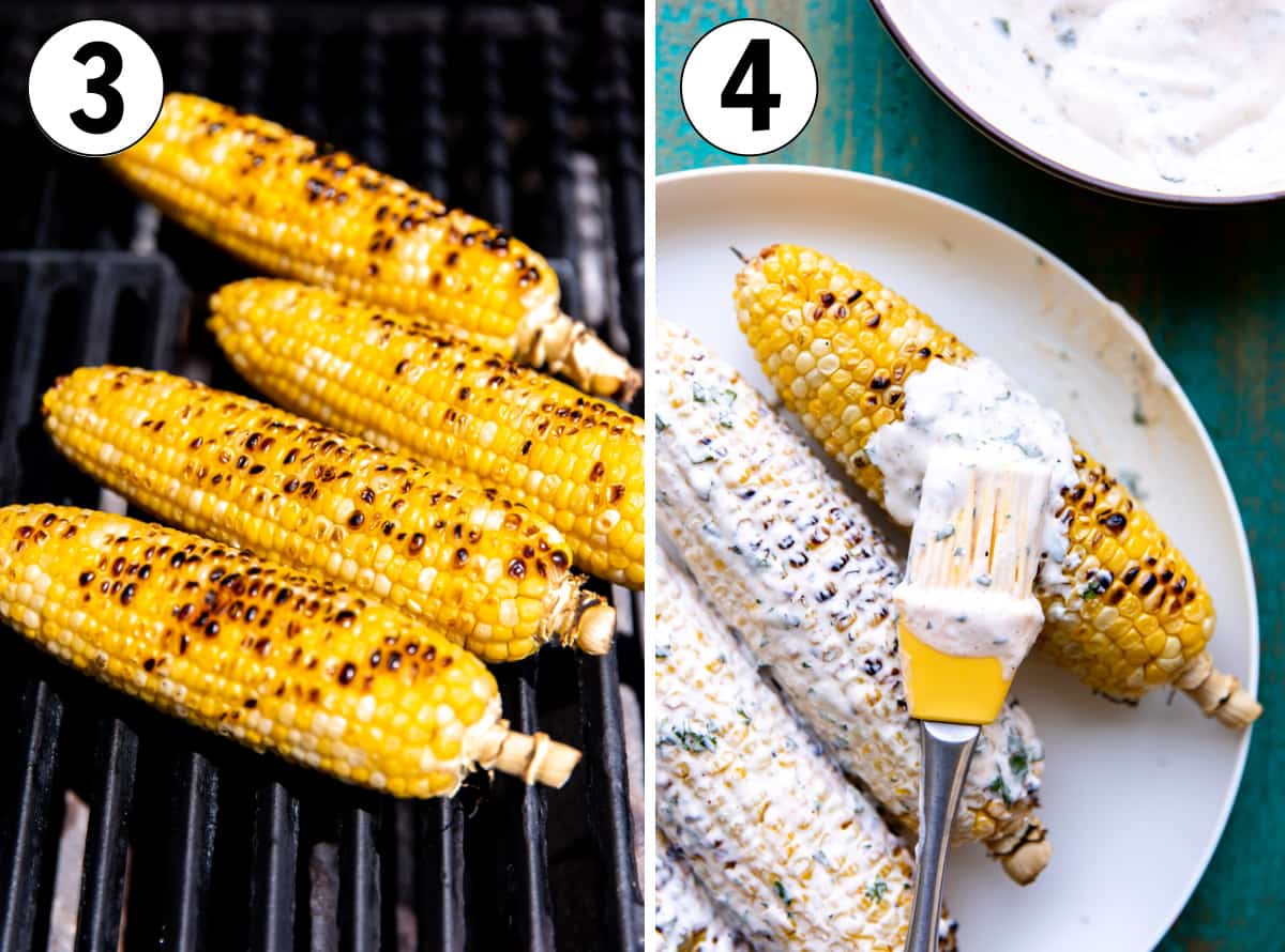 Grilling corn until blackened and then brushing with the dressing to make elotes.