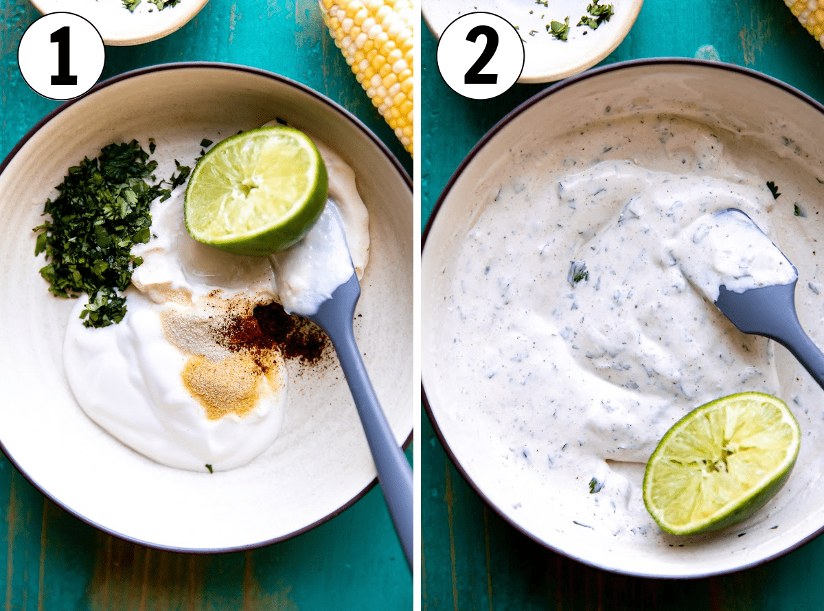 Step by step how to make the dressing needed for elotes.