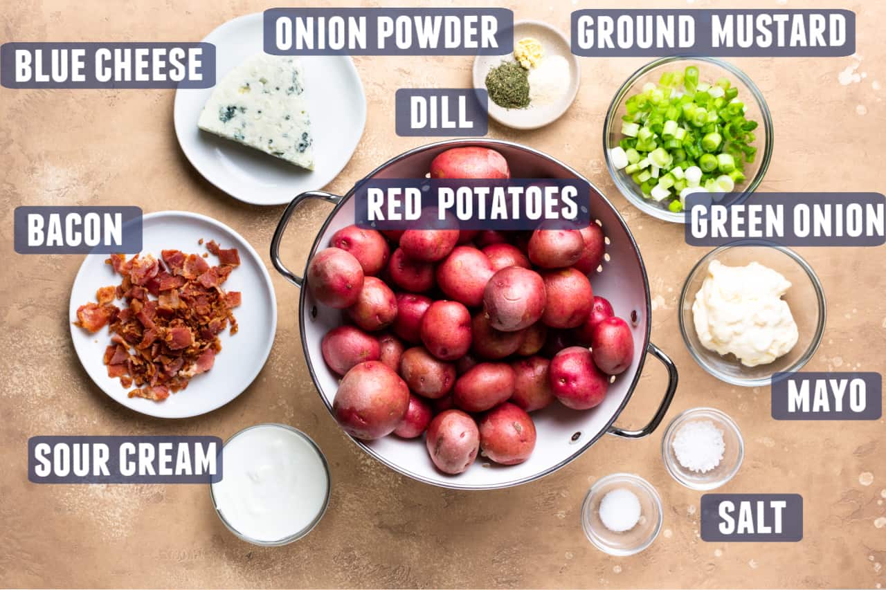 Ingredients needed to make red potato salad with blue cheese, laid out on the counter.