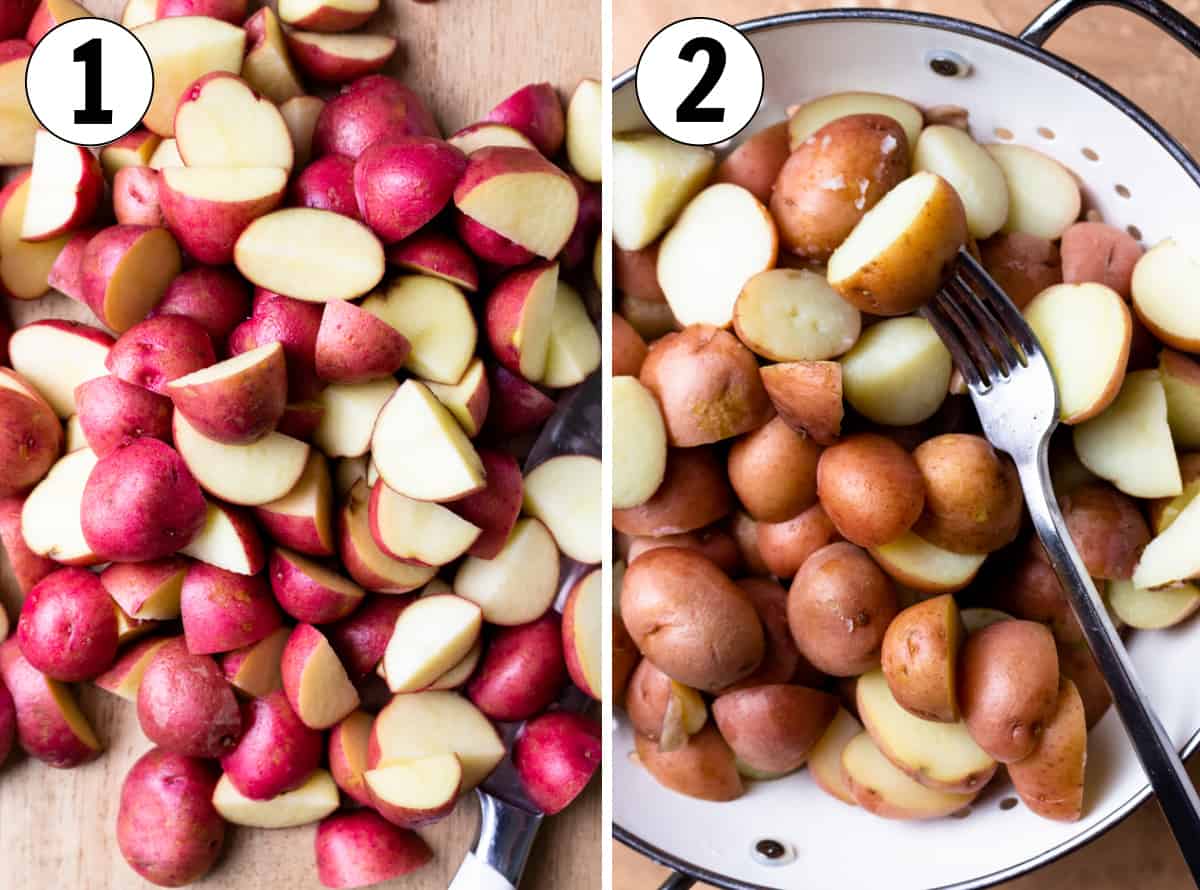 Chopped red potatoes before and after boiling for making red white and blue potato salad.