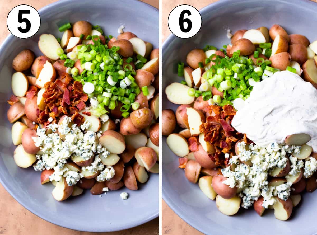 How to make creamy red potato salad with blue cheese, showing ingredients added to boiled red potatoes and dressing being added.