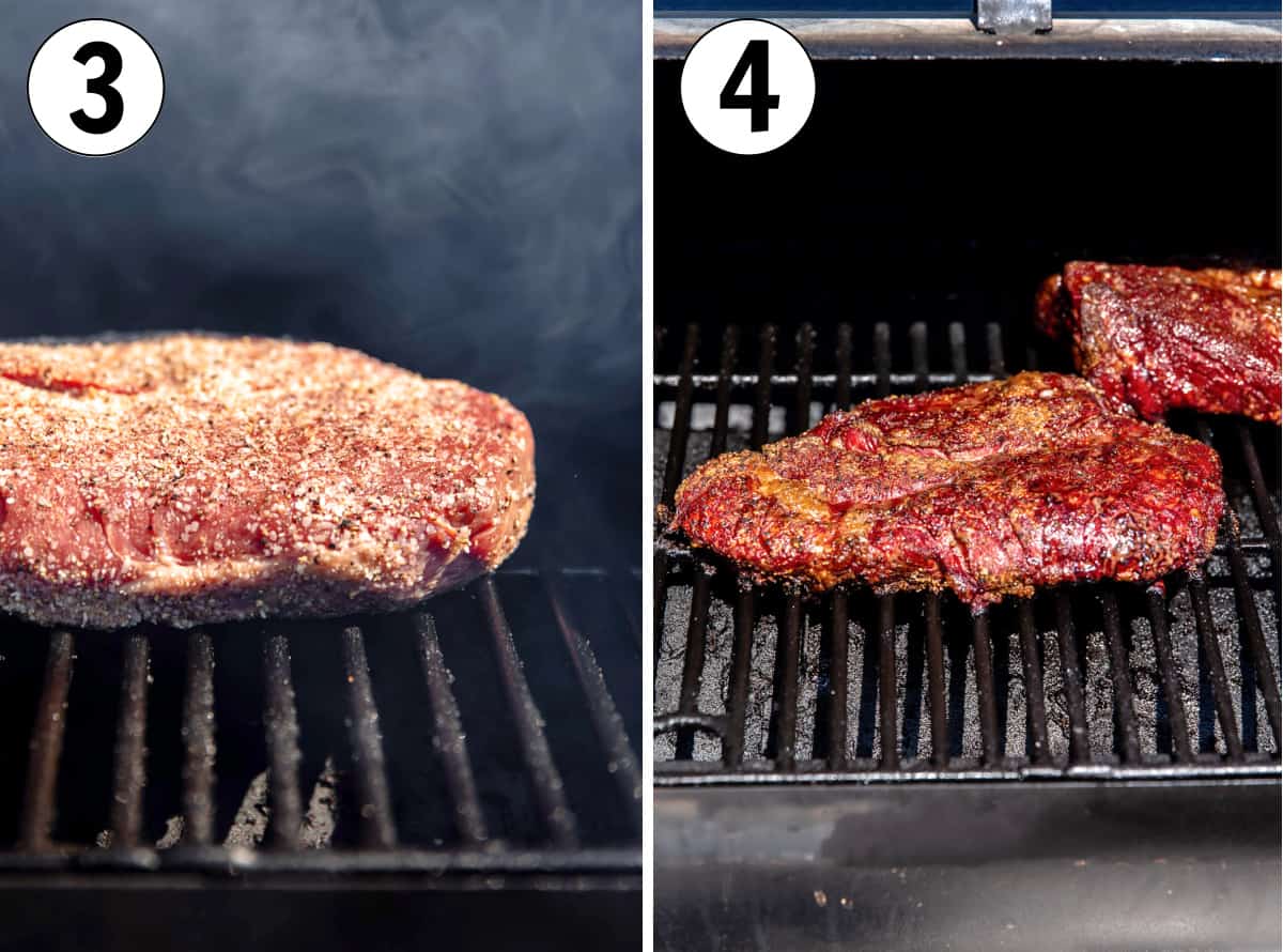 Chuck roast in a smoker at the beginning, and after developing a deep red color from the smoke.