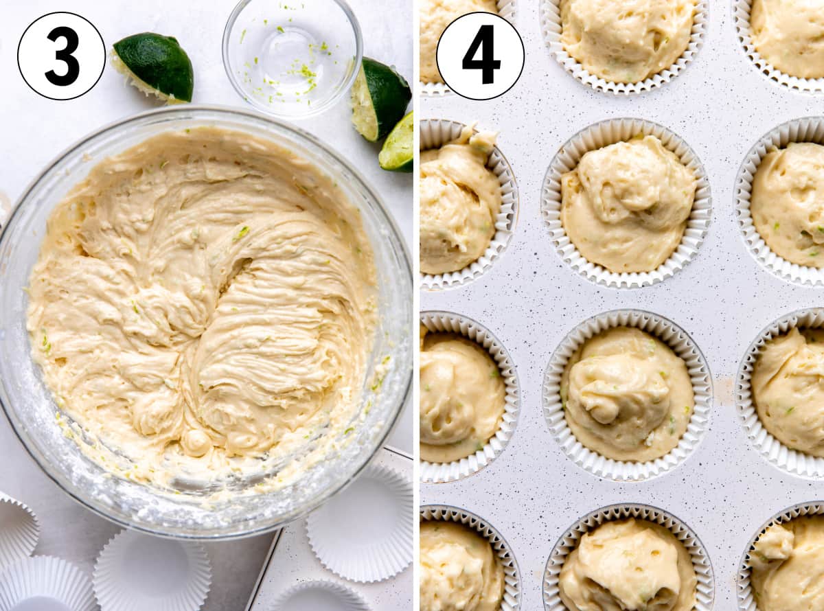 How to make coconut cupcakes with lime, showing batter being added to muffin tin for baking.