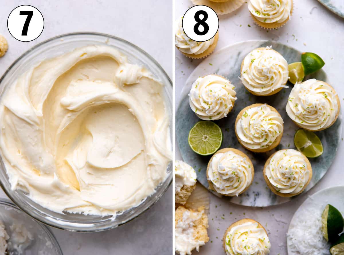 How to make coconut cream cheese frosting, then being added in a swirl on top of the cupcakes.