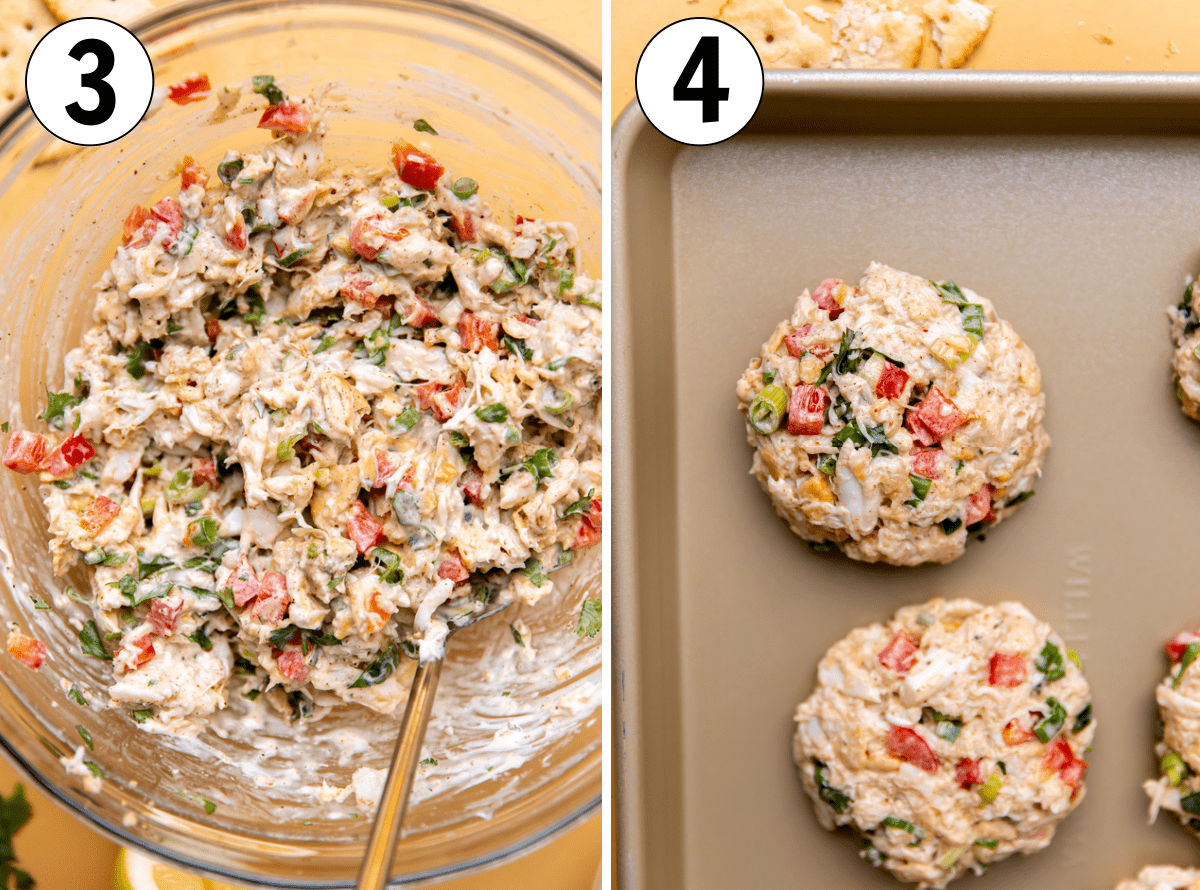 Crab mixture combined in a large bowl and then formed into patties on a baking tray to chill.