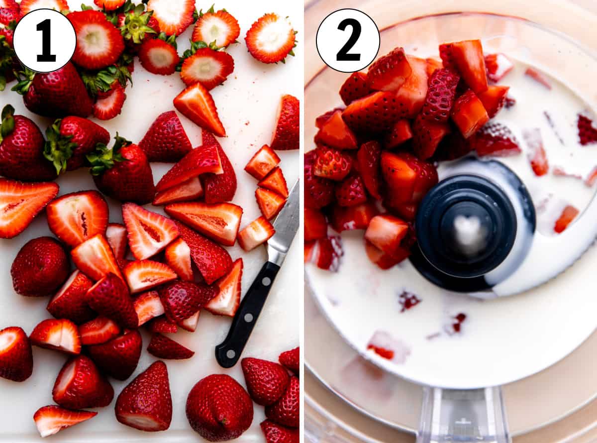 How to make Fresas con crema showing dicing strawberries and adding to a processor with creams. 