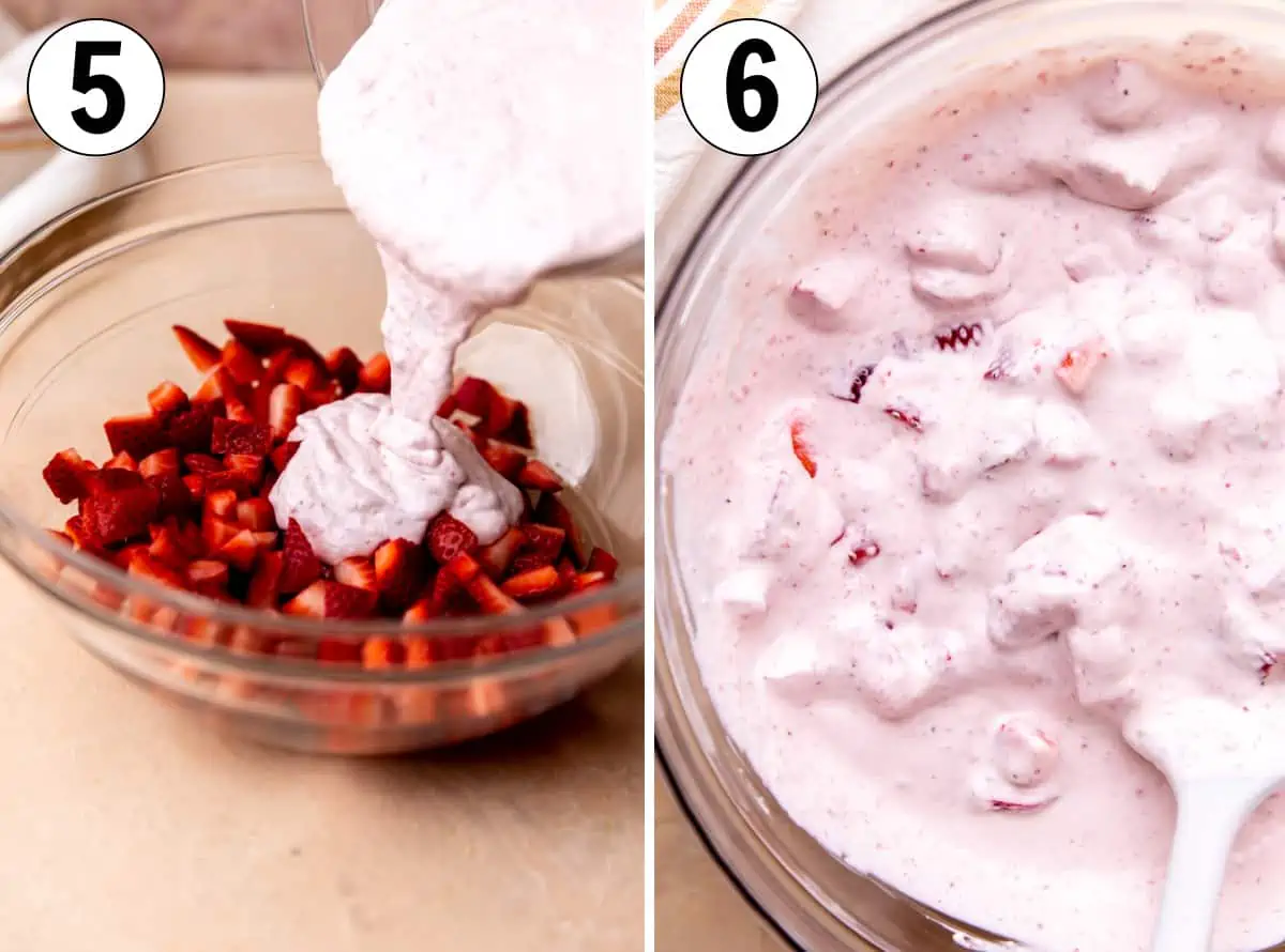 How to make fresas con crema showing pouring strawberry cream over diced strawberries. 