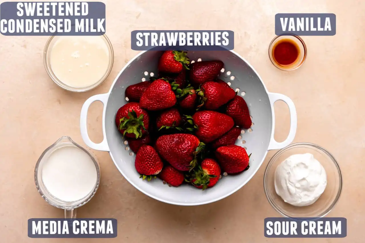 Ingredients needed to make Fresas con Crema laid out on the counter. 