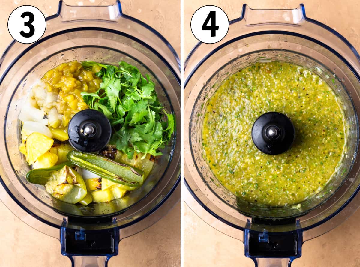 Food processor with ingredients to make pineapple salsa before and after blending.