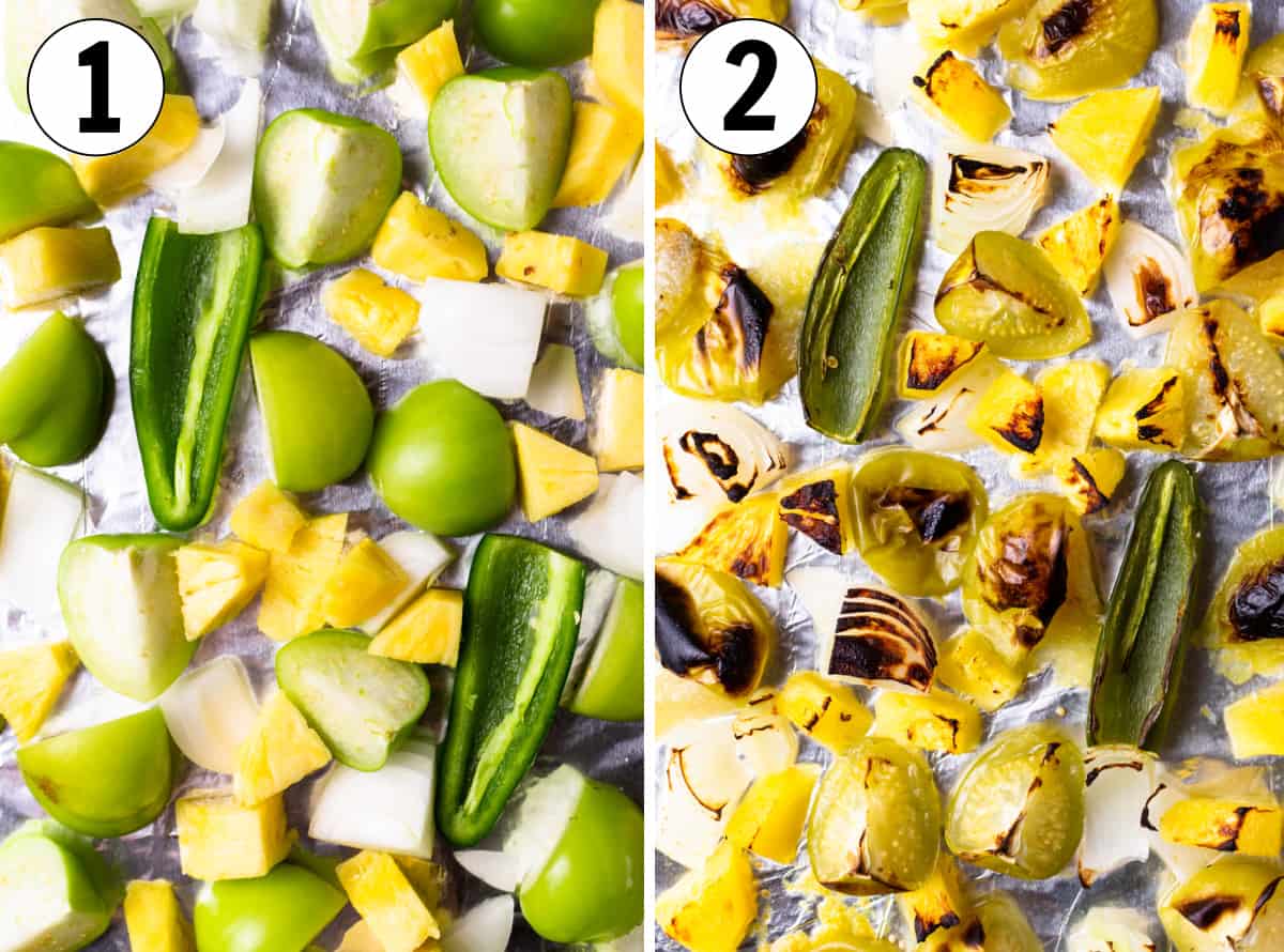 Sliced tomatillos, pineapple and jalapeño for making salsa. Then after roasting.