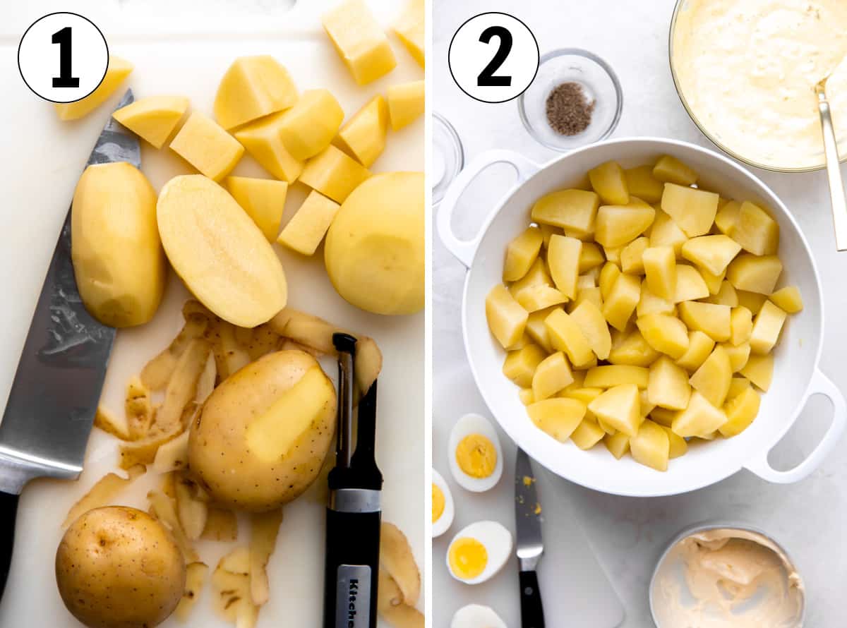 Step by step how to make potato salad, showing peeling and chopping potatoes and getting ready to boil. 