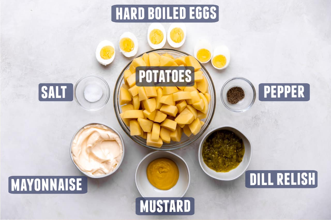 Ingredients needed to make southern potato salad laid out on the counter. 