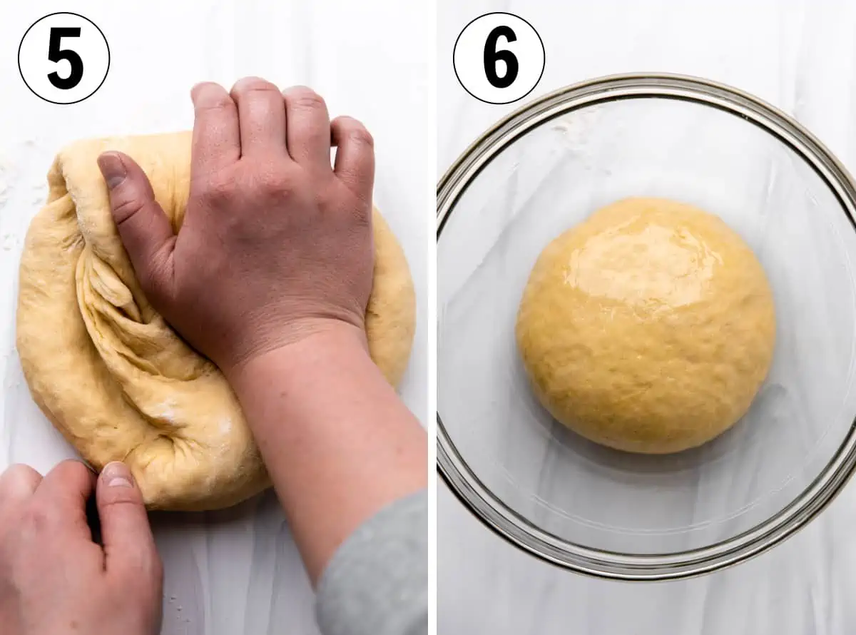 How to make sausage kolaches, showing kneading the dough to create a smooth ball, then lightly greasing the dough and letting rise in a bowl.