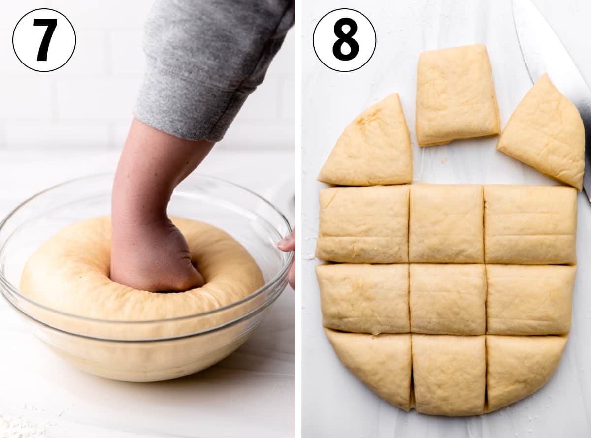 How to make sausage kolaches, punching down the dough after rising, then the dough rolled out and divided into 12 equal portions.