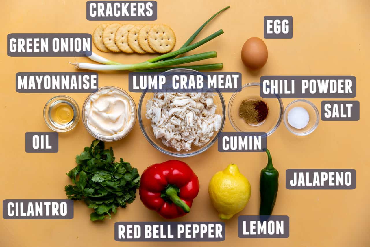 Ingredients needed to make Tex Mex seasoned Crab Cakes laid out on the counter.