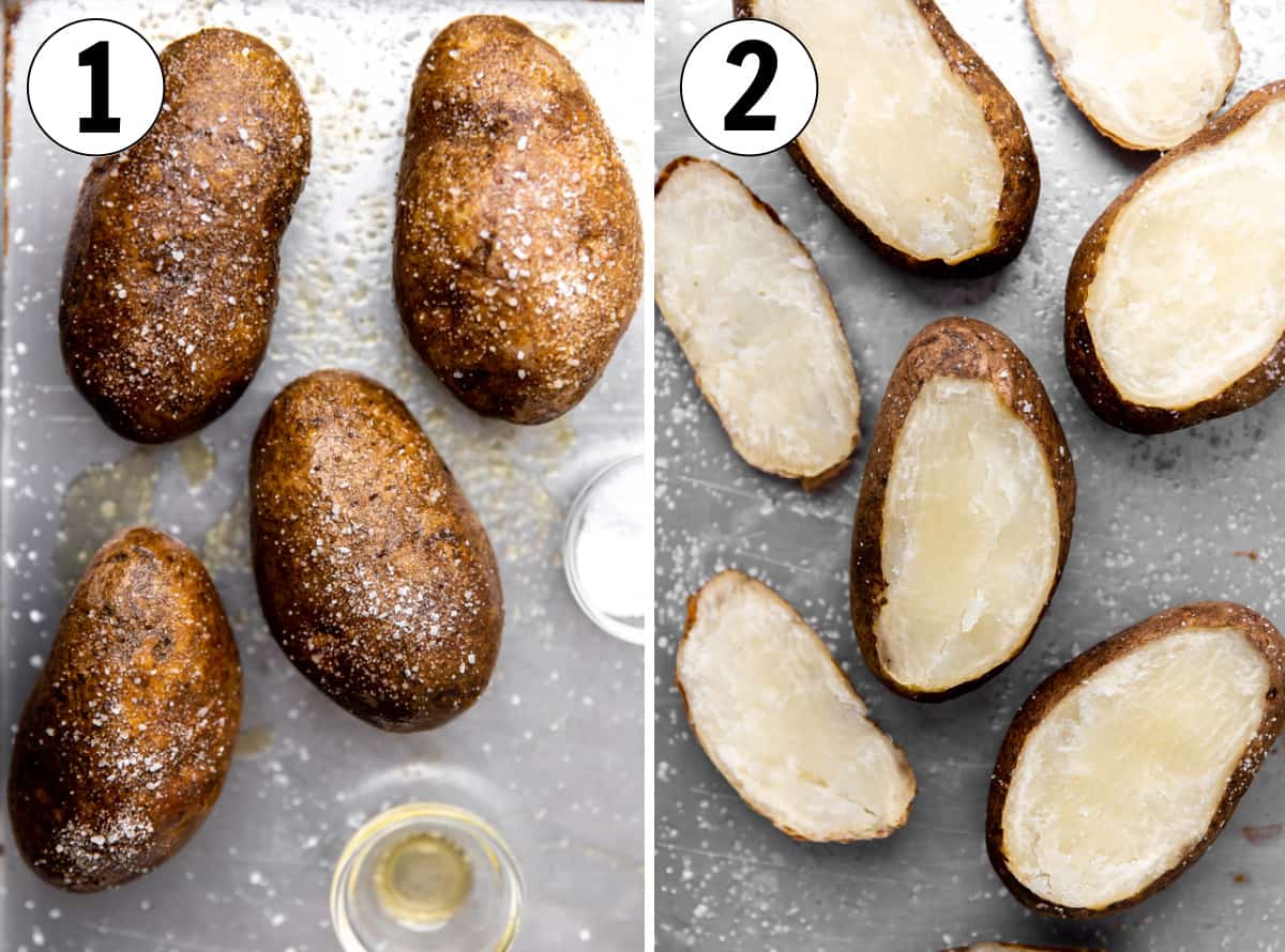 How to make twice baked potatoes, showing potatoes being seasoned and baked, then the tops cut and the centers scooped. 