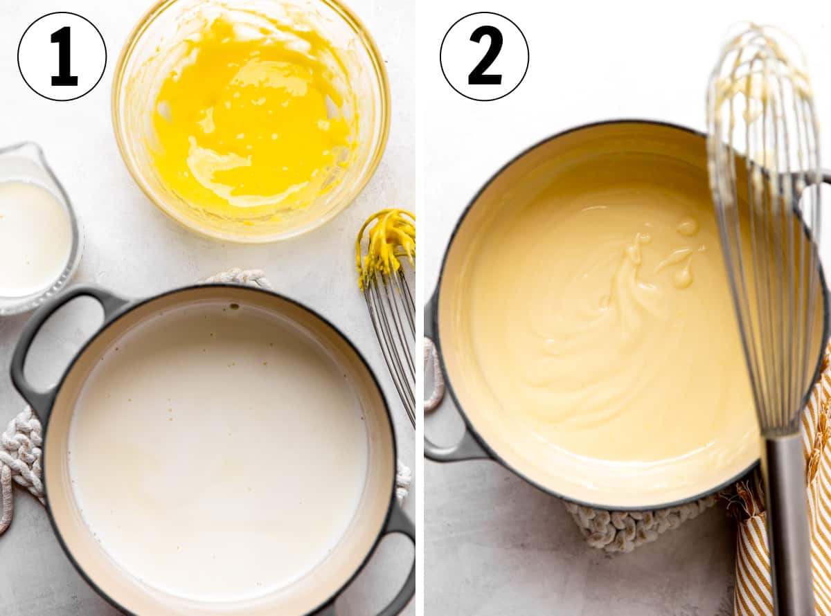 How to make homemade banana pudding, showing eggs mixed with cornstarch and a pot filled with milk and sugar. 
