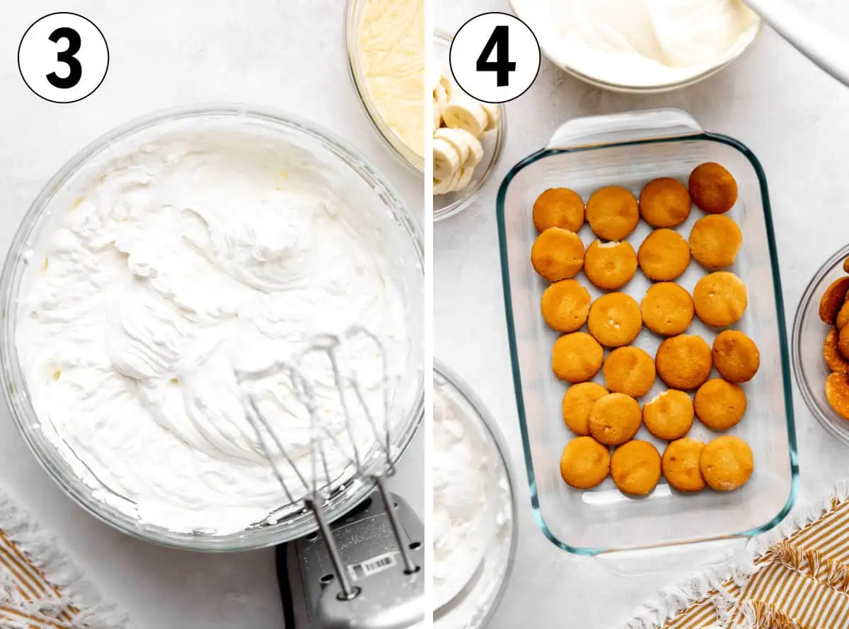 How to make homemade banana pudding showing making homemade whipped cream and layering pudding in a baking dish. 