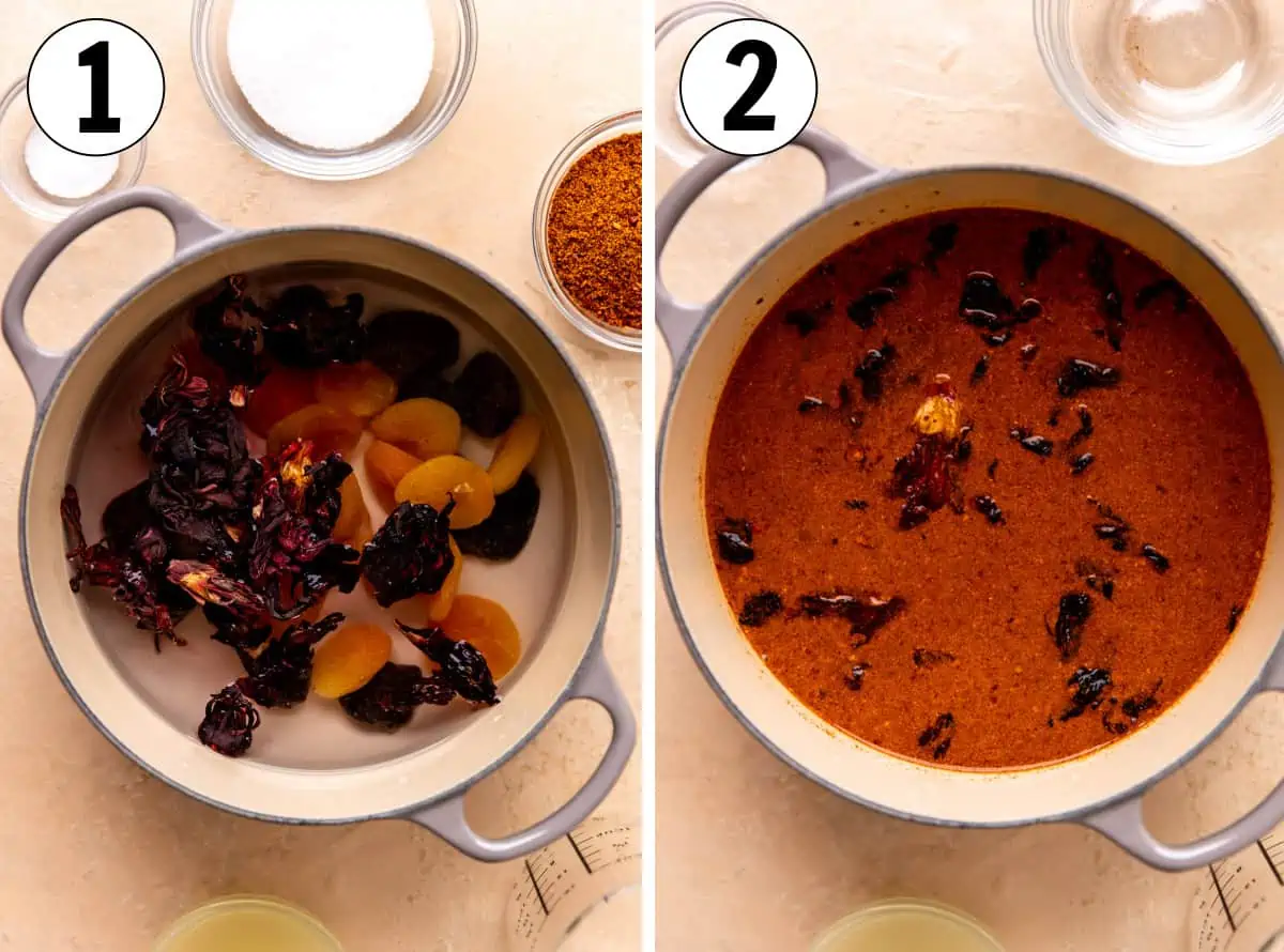 How to make Chamoy Sauce, showing boiling hibiscus, prunes and dried apricots.