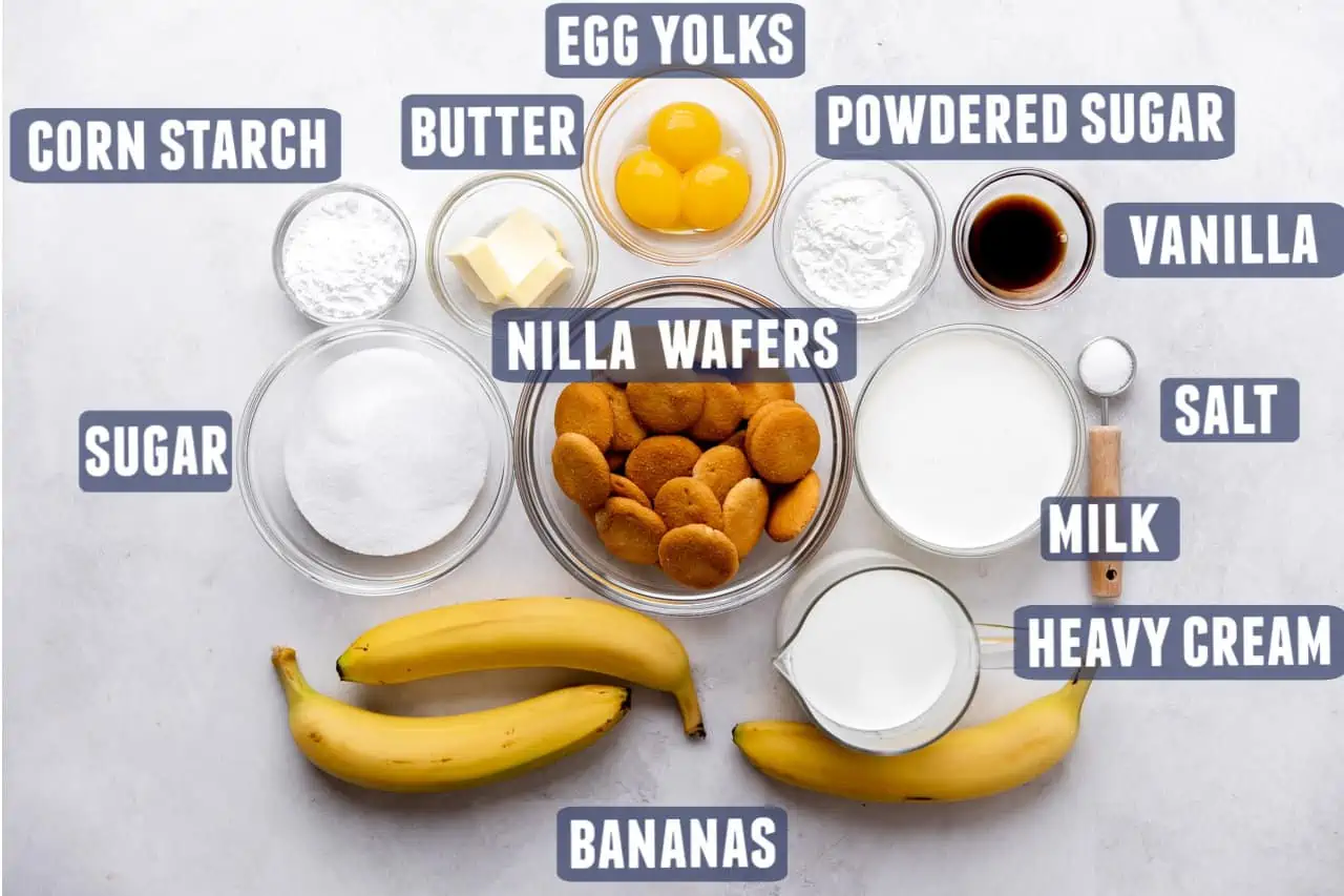 Ingredients needed to make homemade banana pudding laid out on the counter. 