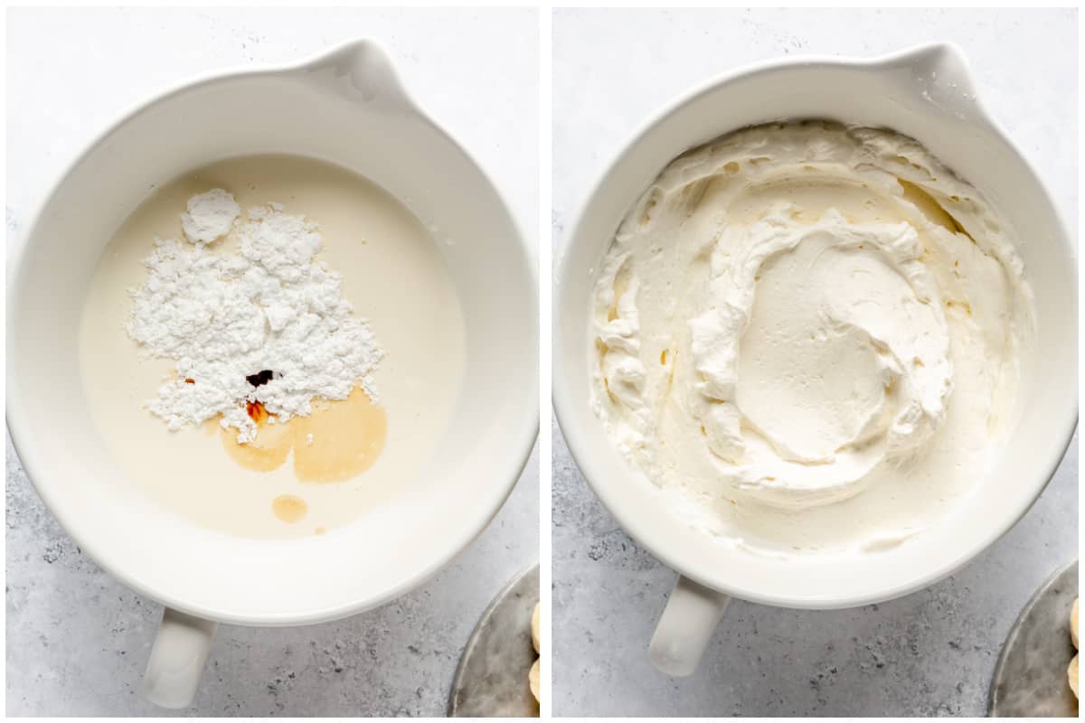 Heavy cream with powdered sugar and vanilla before and after whipping.