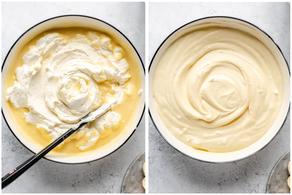 Adding whipped cream to homemade pudding for a light and airy texture.