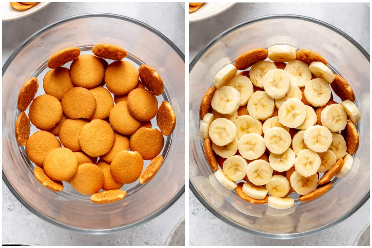 Layering vanilla wafers and banana slices in a trifle dish.