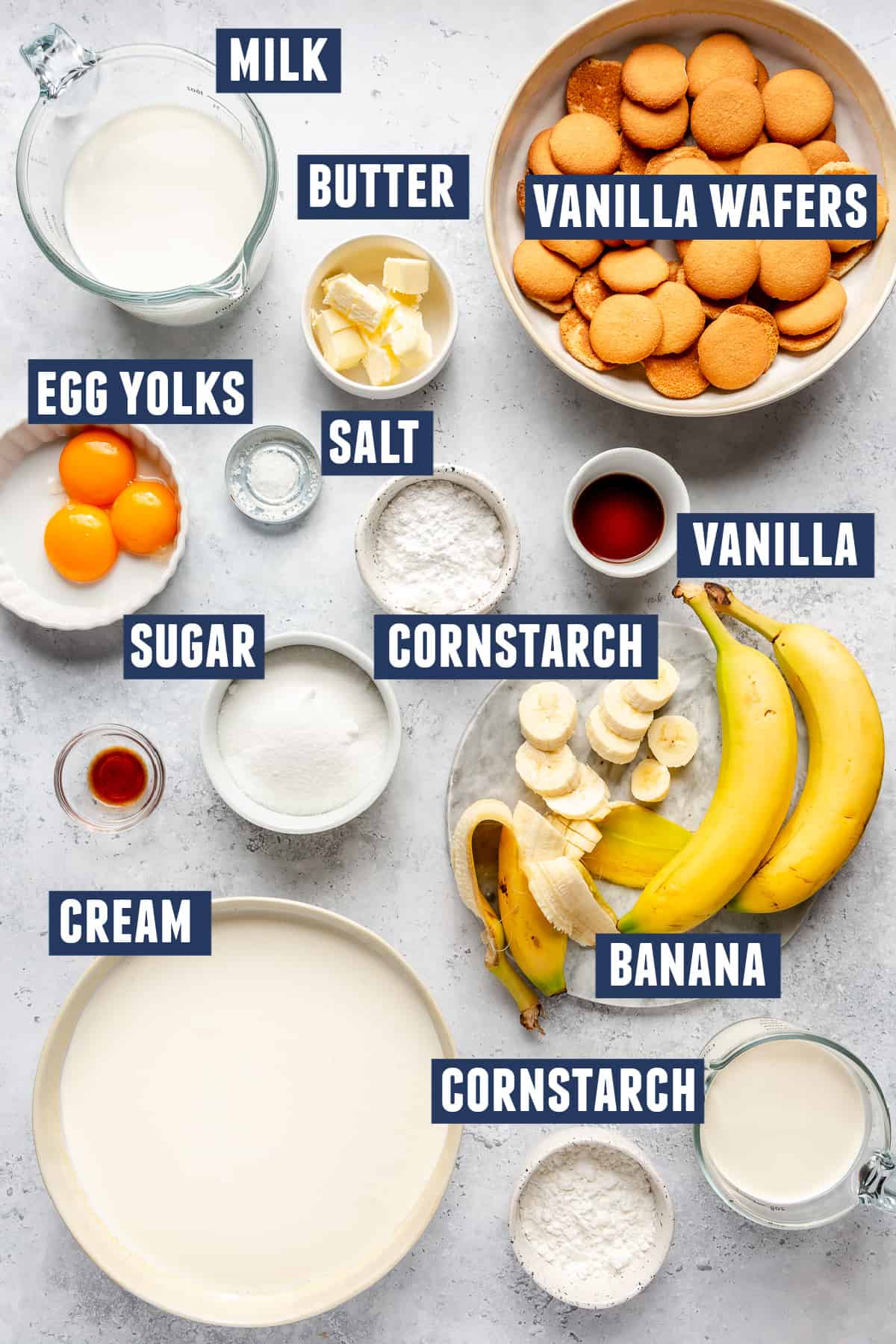 Ingredients needed to make homemade banana pudding.