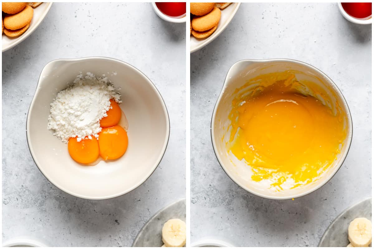 Egg yolks and cornstarch mixed in a bowl.