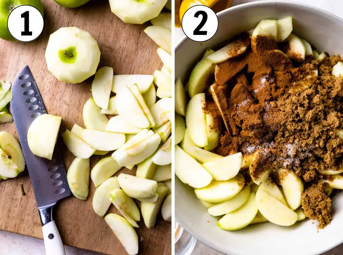 How to make baked apples, showing slicing the apples and coating in the cinnamon mixture. 