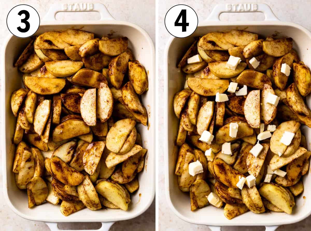 How to make baked apples, showing adding apples to baking dish and then topping with slices of butter before baking.