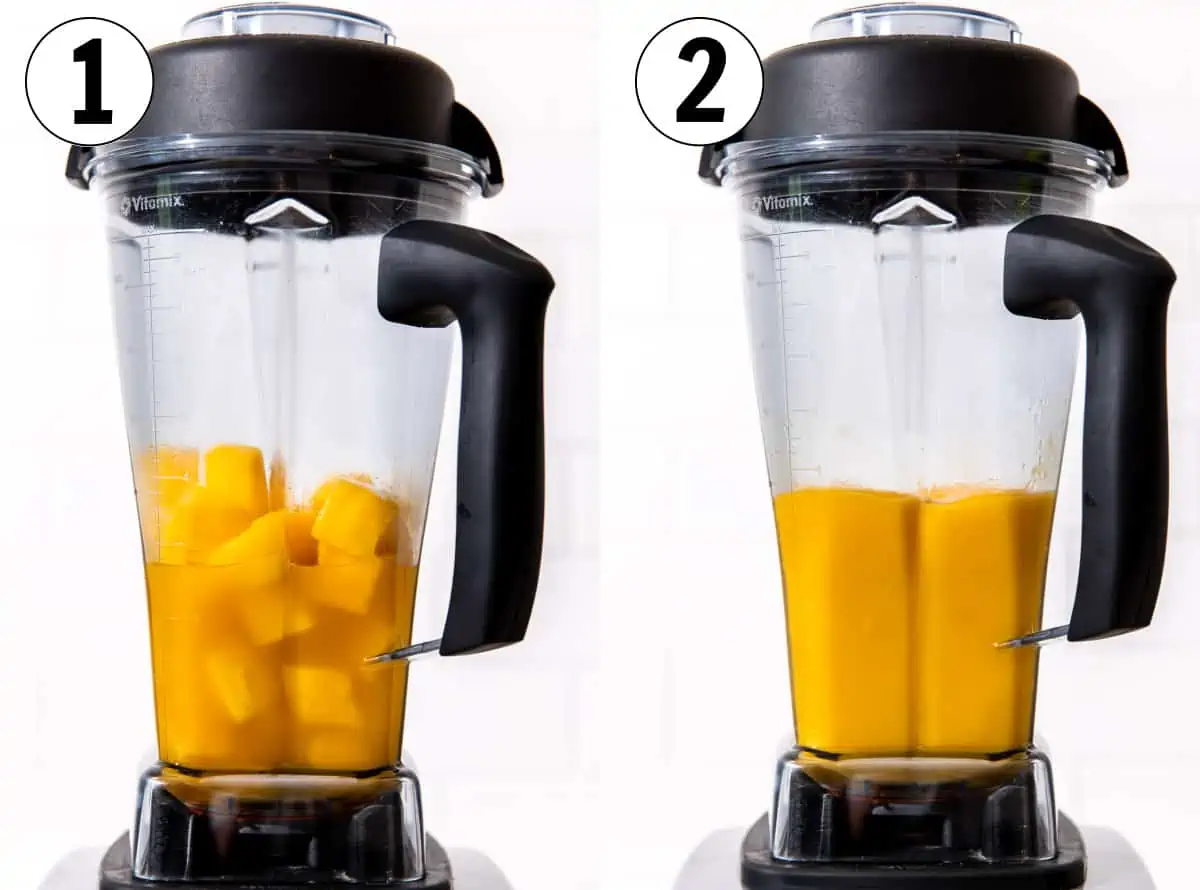 How to make a homemade mangonada showing blending mango with juice in a blender. 