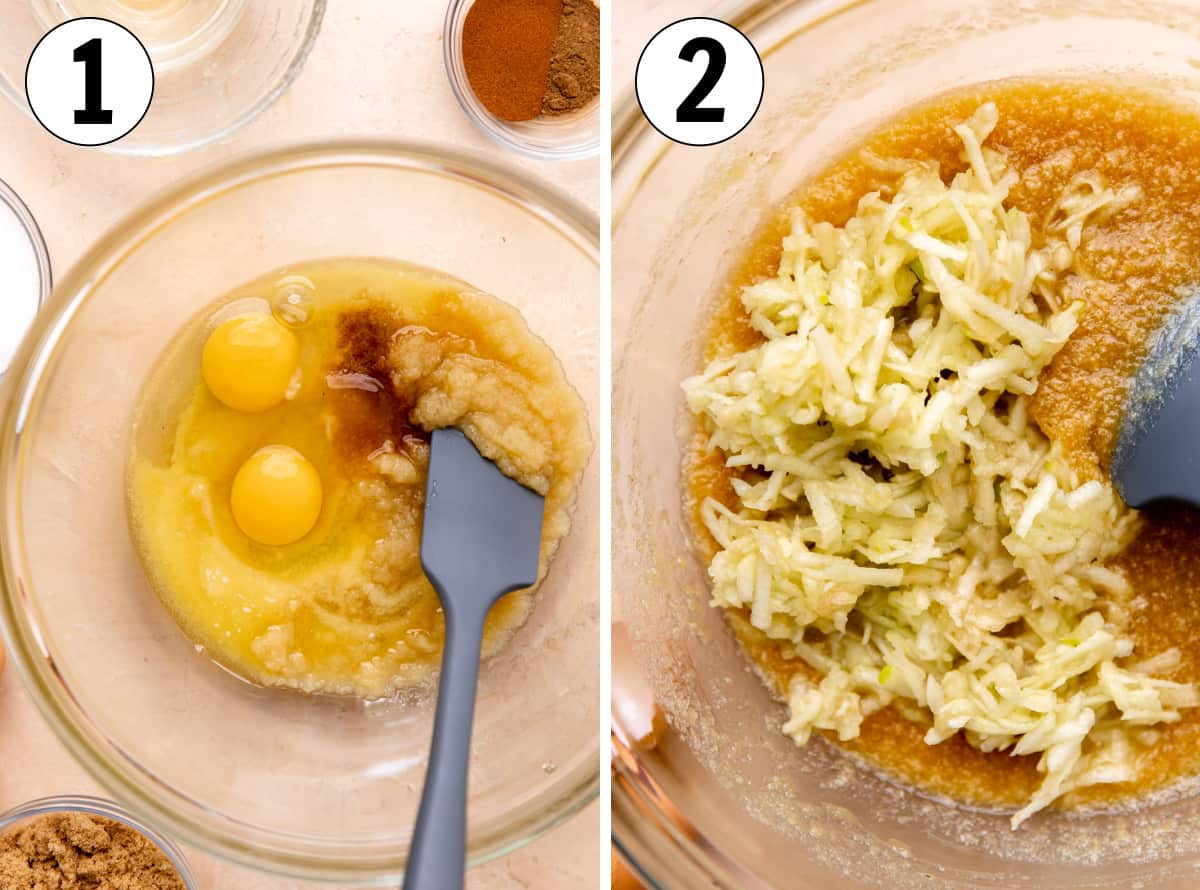How to make apple bread, showing combining the wet ingredients then adding the shredded apple. 
