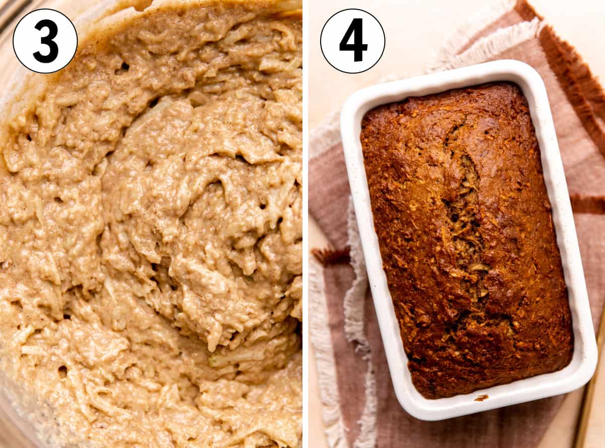 How to make homemade apple bread showing batter mixed and then in a loaf pan and baked until golden on the top. 