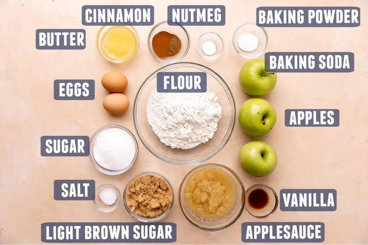 Ingredients needed to make homemade apple bread laid out on the counter. 
