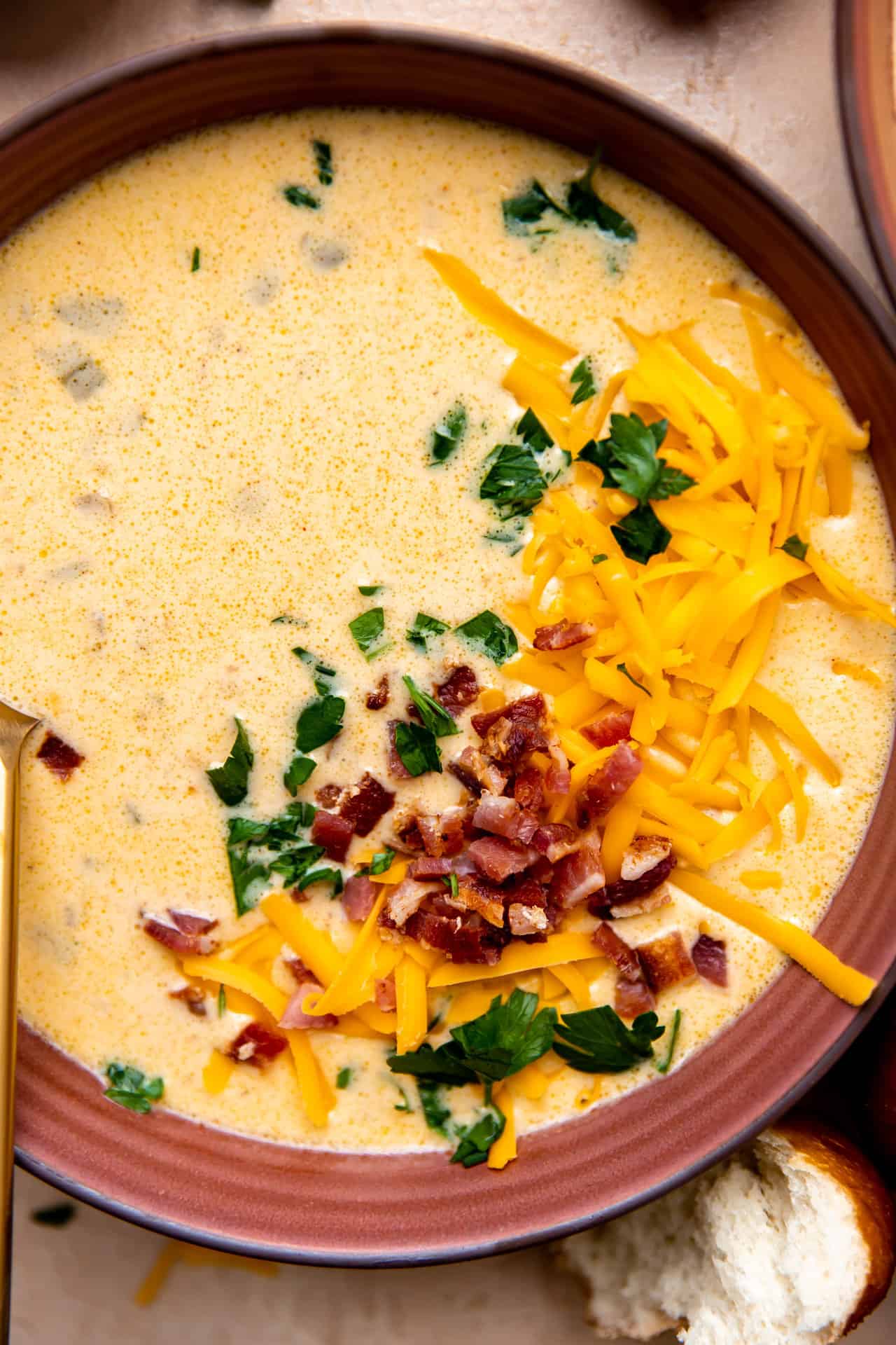 Up close view of served beer cheese soup with bacon, cheese and parsley toppings.