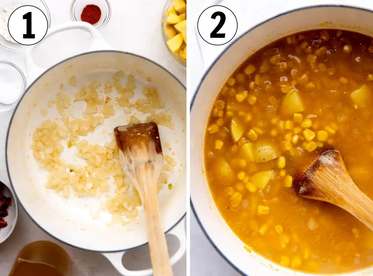 How to make corn chowder, showing cooking onion in bacon grease, ingredients added to dutch oven to create flavorful broth.