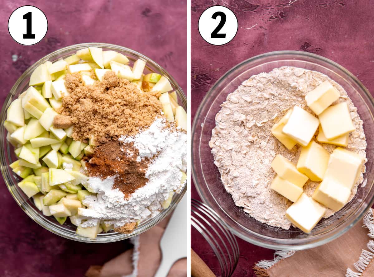 How to make apple crisp step by step showing combining apples with sugar and spices and butter being cut into dry ingredients. 