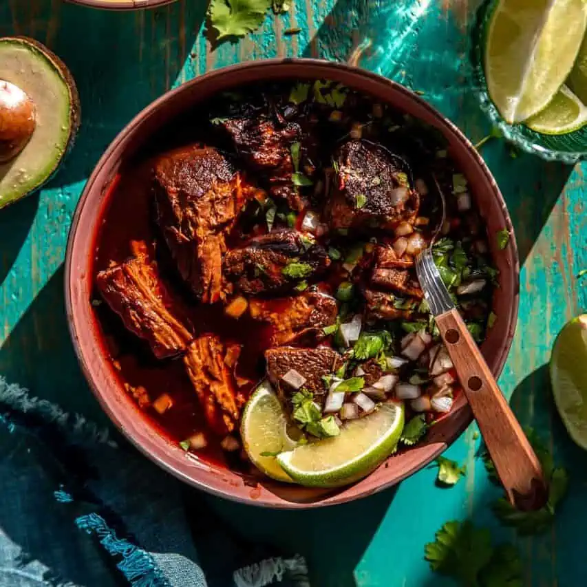 Bowl filled with birria de res served as a stew topped with cilantro and onions.