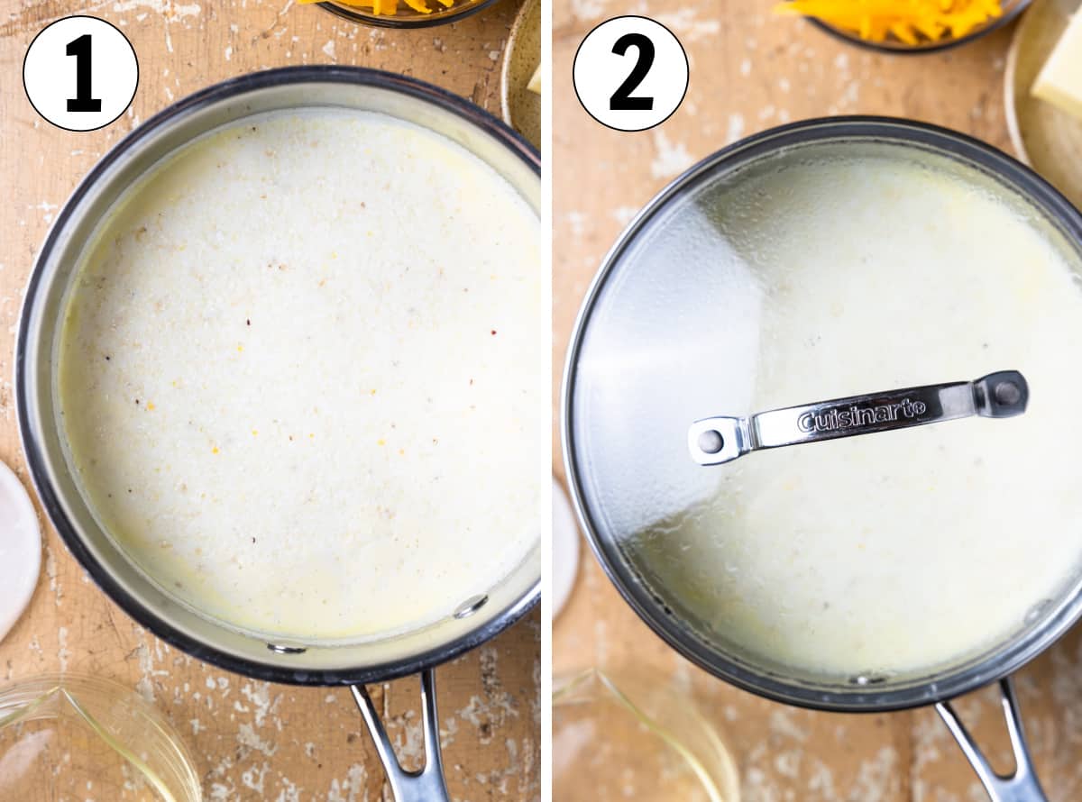 How to make cheese grits, showing heating milk and chicken broth and adding grits. 