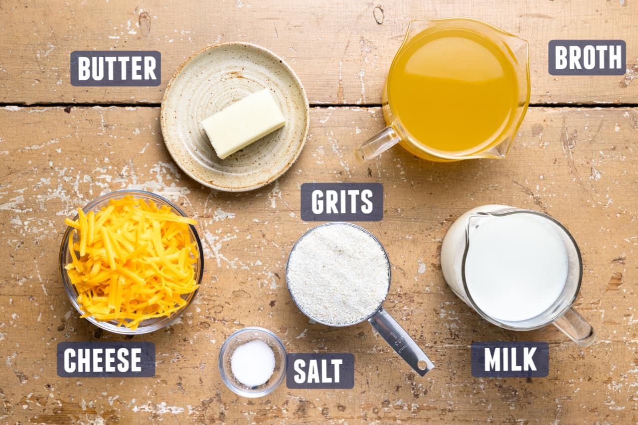 Ingredients needed to make cheese grits laid on the counter.