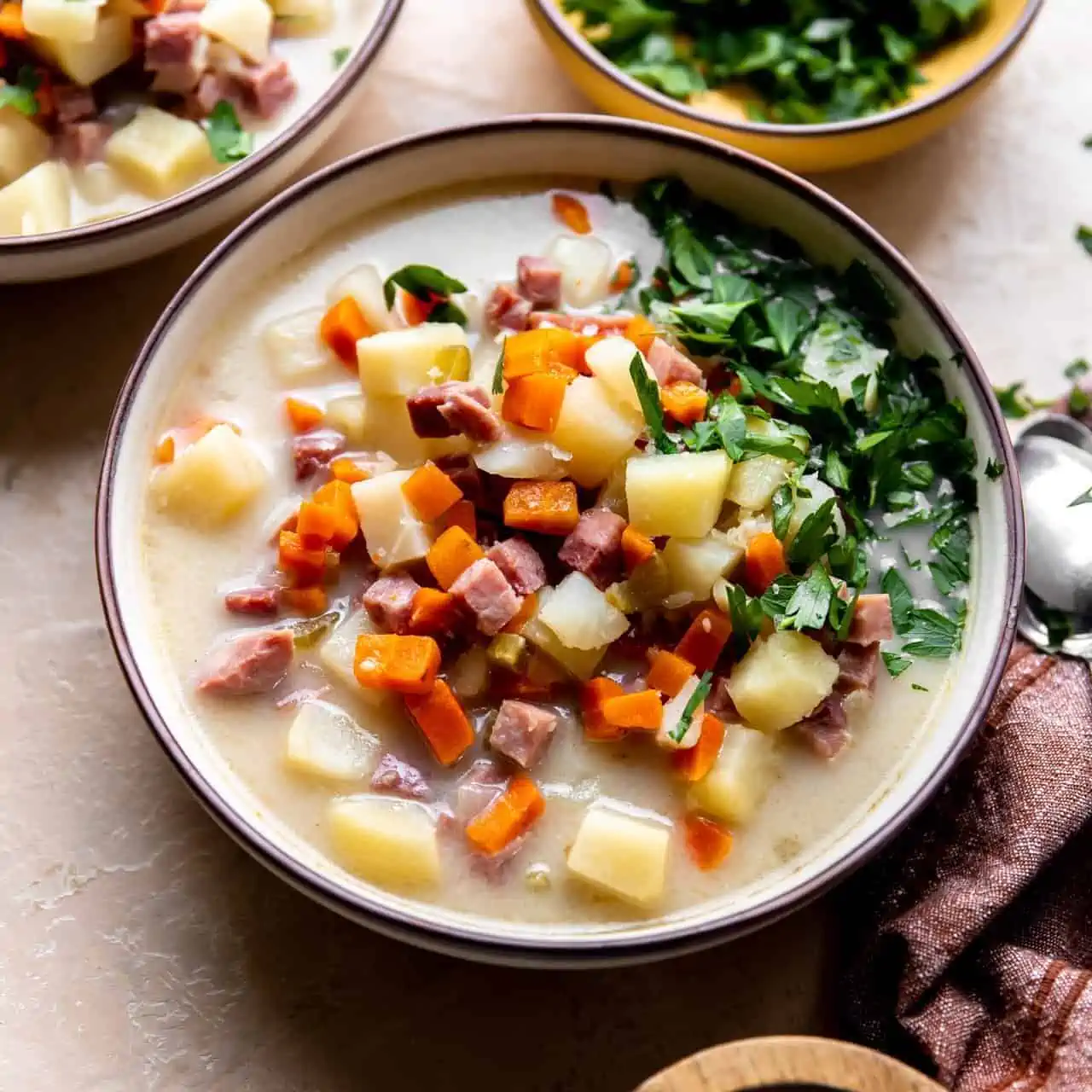 Bowl of ham bone soup served with fresh parsley on top.