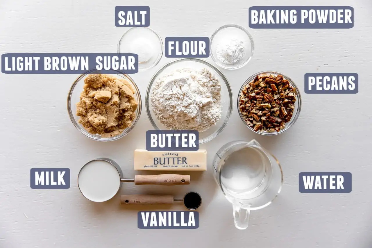 Ingredients needed to make pecan cobbler laid out on the counter. 