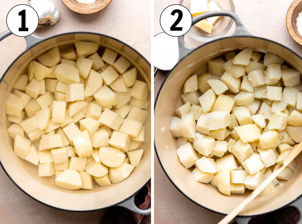 How to make mashed potatoes, chopped potatoes in a large dutch oven before and after boiling. 