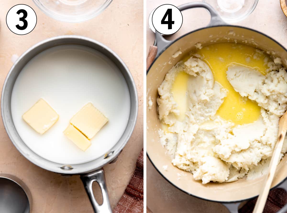 How to make mashed potatoes, heating the milk and butter then adding into the mashed up potatoes. 