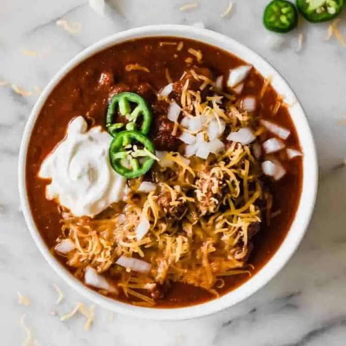 Bowl filled with an easy to make Texas Chili recipe.