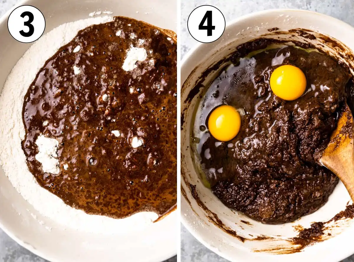 How to make texas Sheet Cake, showing adding wet ingredients to the dry and adding eggs to the cake batter. 